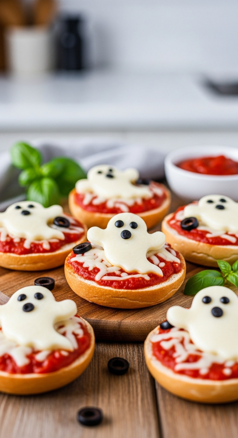 Ghostly Pizza Bagel Bites With Melted Mozzarella Ghosts And Olive Eyes On A Rustic Wooden Board, Perfect For Halloween Parties.