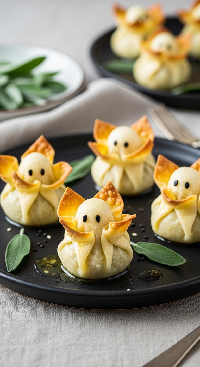 Ghostly Ricotta Ravioli Purses With Black Sesame Seed Eyes In Sage Butter Sauce On A Dark Ceramic Plate