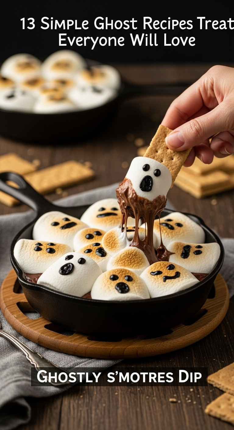 Ghostly S'mores Dip In A Cast Iron Skillet With Toasted Marshmallows And Black Icing Faces A Graham Cracker Dipping In