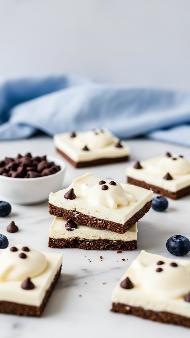 Ghostly Yogurt Bark With Dark Chocolate Chip Eyes Fractured On Marble Countertop With Fresh Blueberries