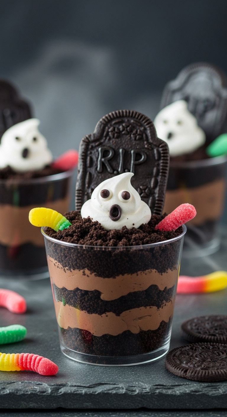 Ghosts In The Graveyard Pudding Cup With Milano Tombstone And Gummy Worms On Dark Stone