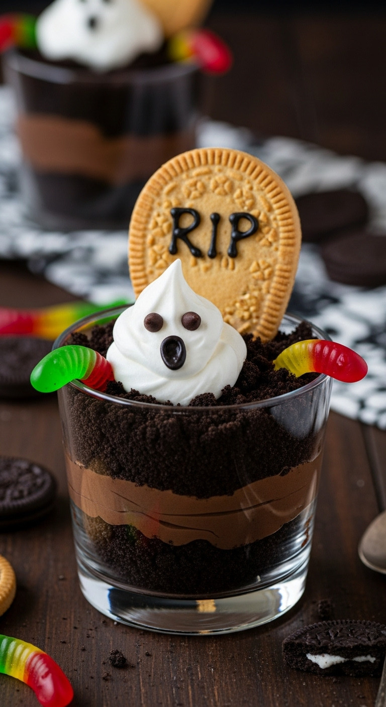 Ghosts In The Graveyard Pudding Cup With Cookie Tombstone Whipped Cream Ghost And Gummy Worms