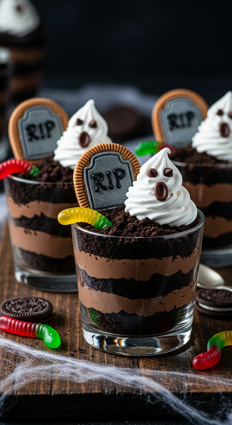 Ghosts In The Graveyard Pudding Cups With Oreo Dirt Milano Tombstone Whipped Cream Ghost And Gummy Worms