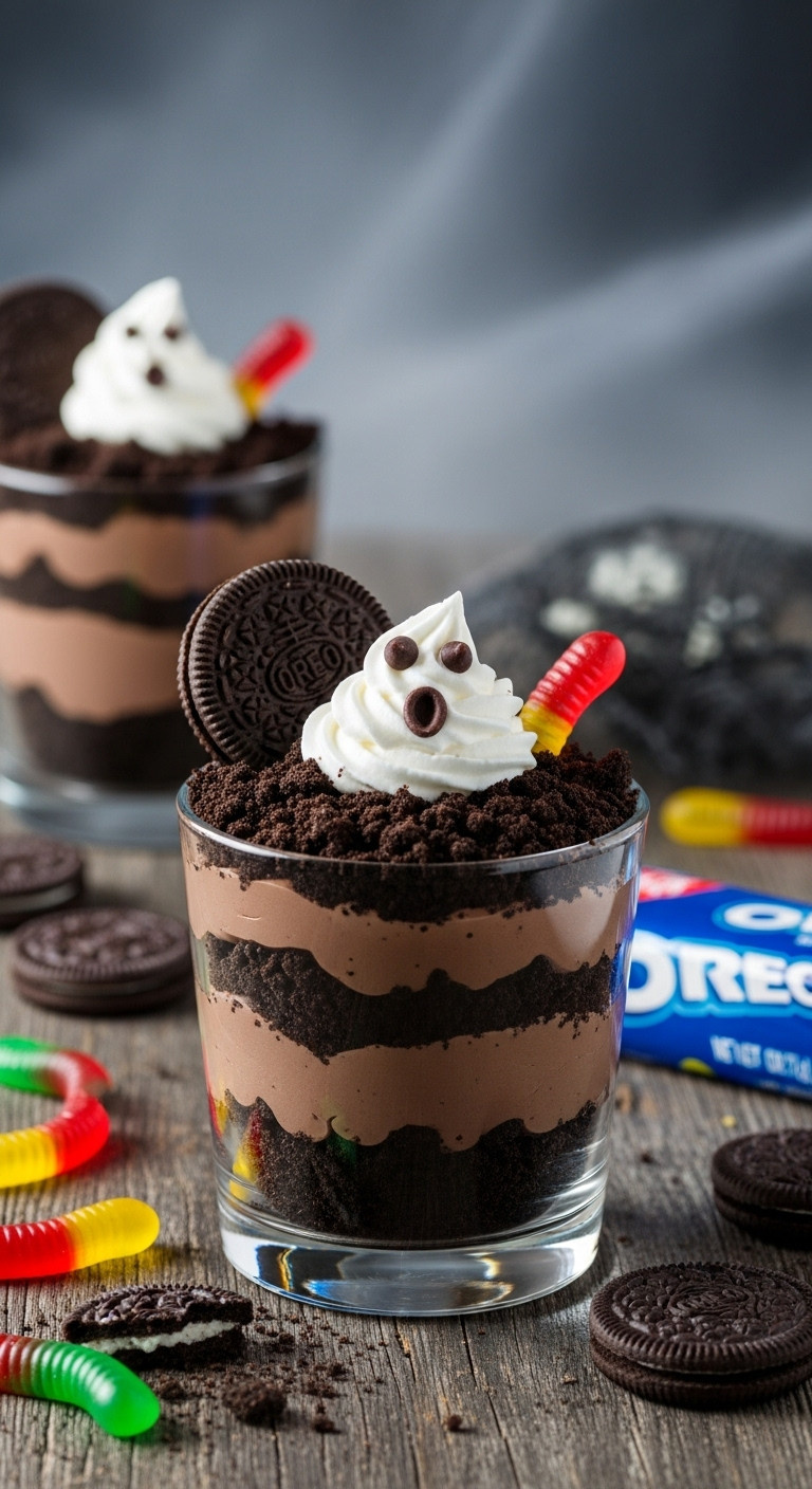 Ghosts In The Graveyard Pudding Cups With Chocolate Pudding Oreo Dirt And Whipped Cream Ghosts For Spooky Halloween Dessert