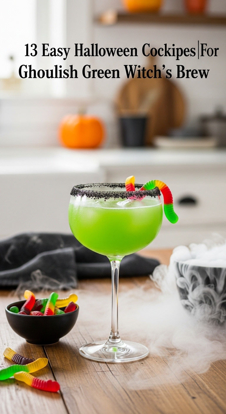 Ghoulish Green Witch's Brew With Gummy Worms And Black Sugar Rim On A Rustic Wooden Table With Dry Ice Fog