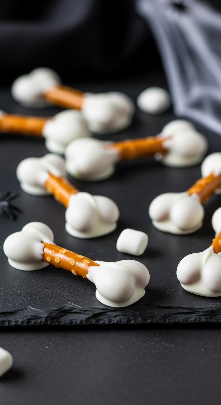 Ghoulish Halloween Pretzel Bones: White Chocolate-Dipped Sticks With Marshmallows On Dark Slate, Subtle Spiderweb Background.