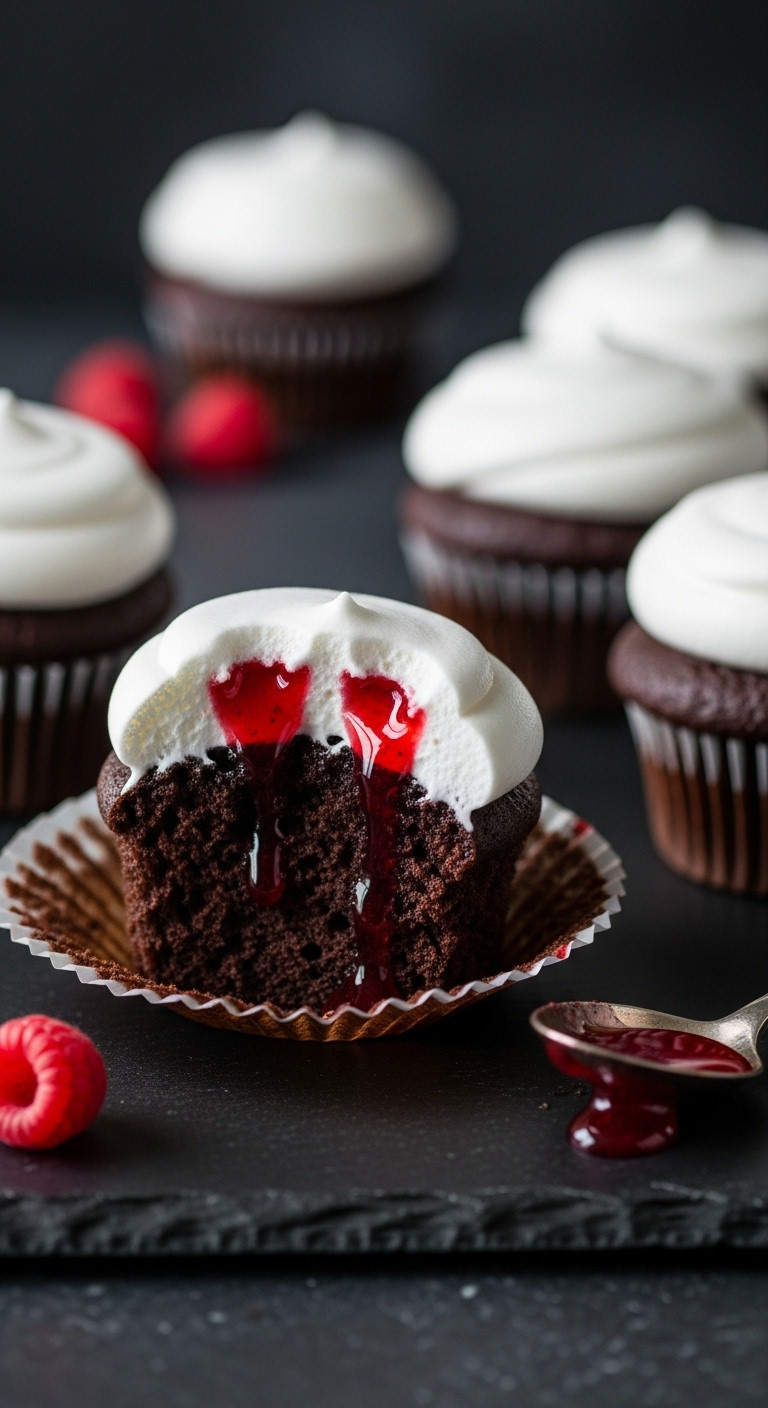 Ghoulish Vampire Bite Cupcakes Dripping Blood Elegant Spooky Dessert Dark Chocolate Marshmallow Frosting Red Filling Pinterest Recipe