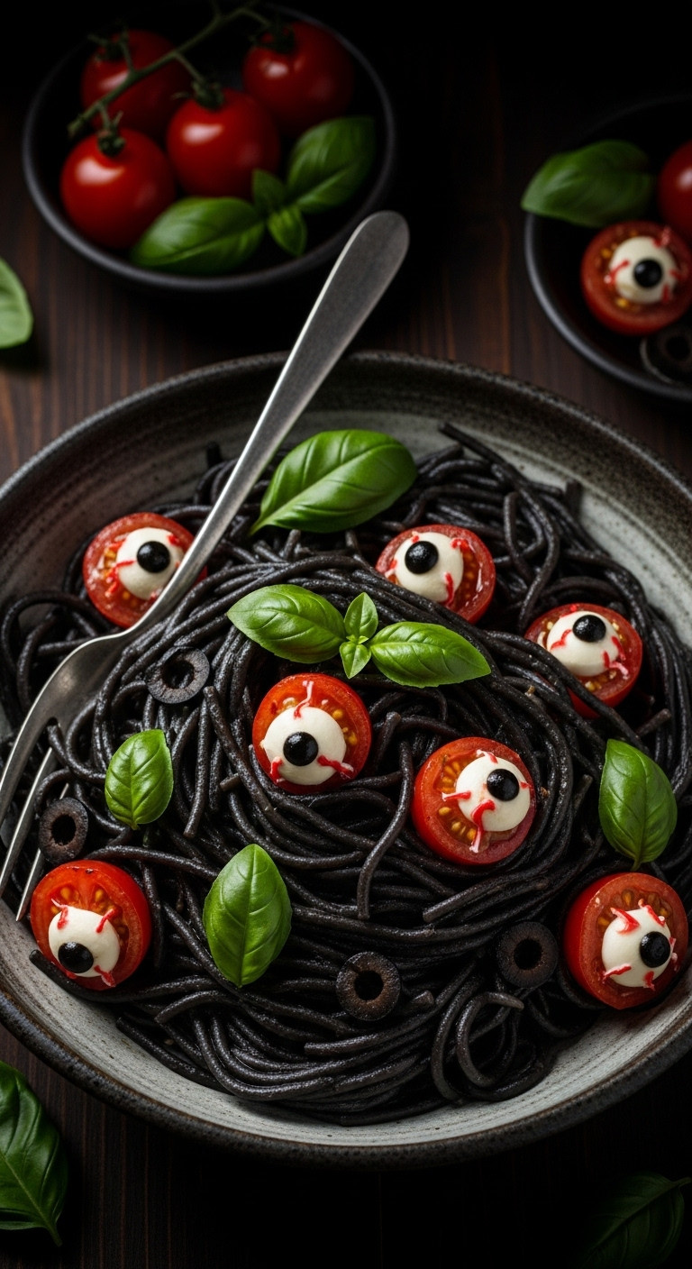 Ghoulish Witches Hair Pasta With Cherry Tomato Eyeballs And Fresh Basil In Dark Bowl