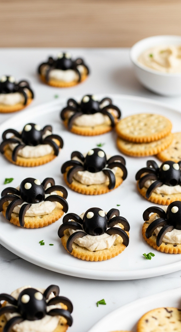Ghoulish Black Olive Spiders On Various Gourmet Crackers With Cream Cheese, Artfully Arranged On A White Platter For Halloween.
