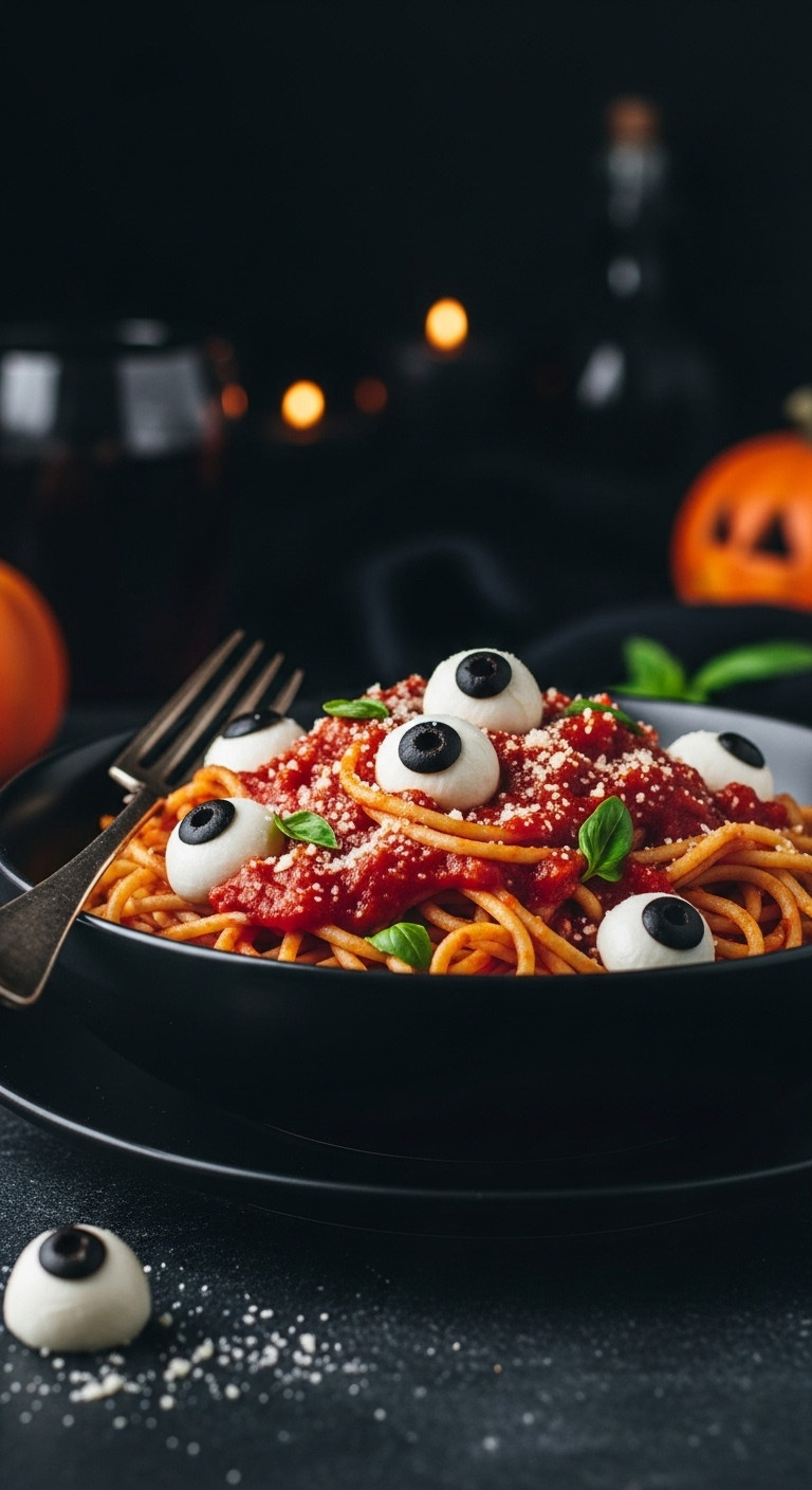 Ghoulish Eyeball Pasta With Spaghetti Marinara Sauce Mozzarella Eyeballs And Black Olives In A Dramatic Black Bowl