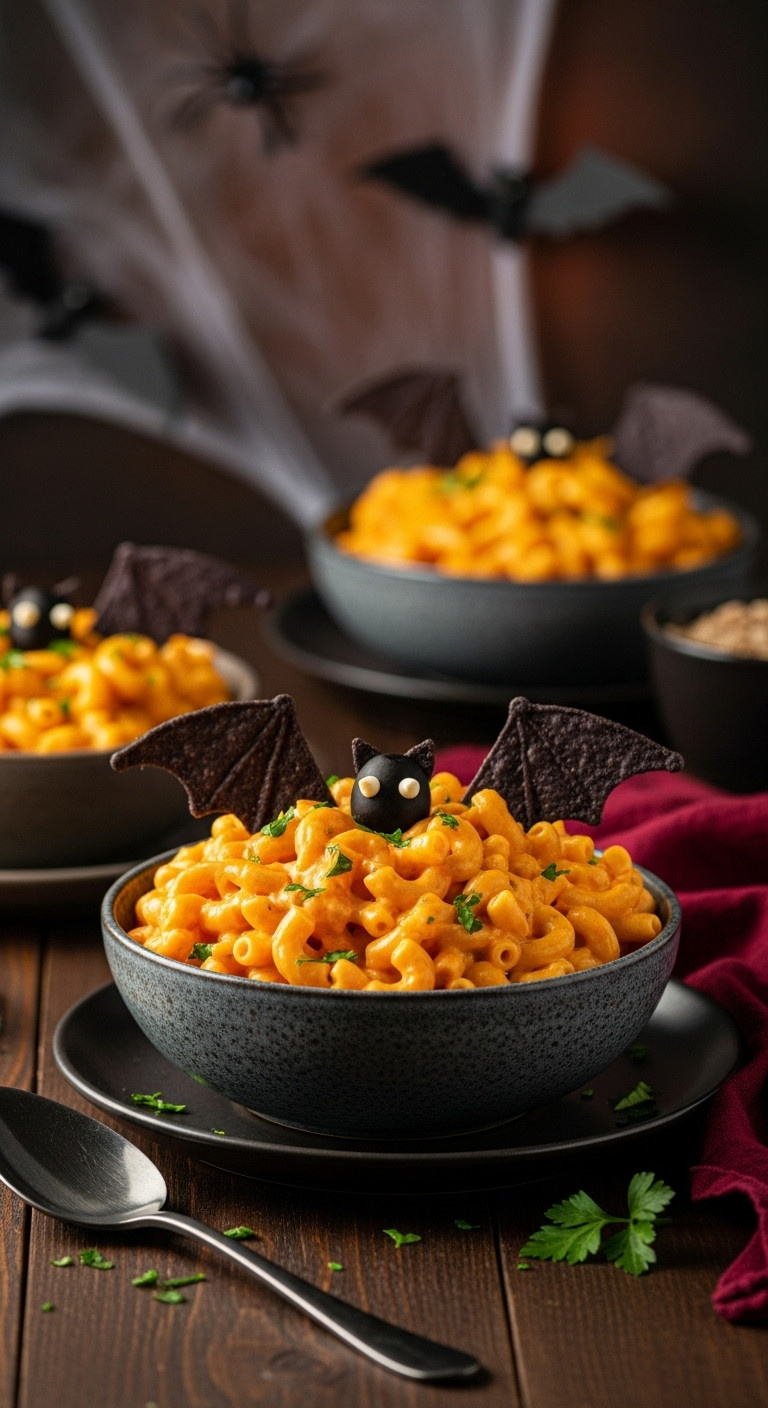 Ghoulish Gluten-Free Mac And Cheese With Purple/Orange Tint, Edible Bones, Served In A Rustic Bowl On A Linen Tablecloth.