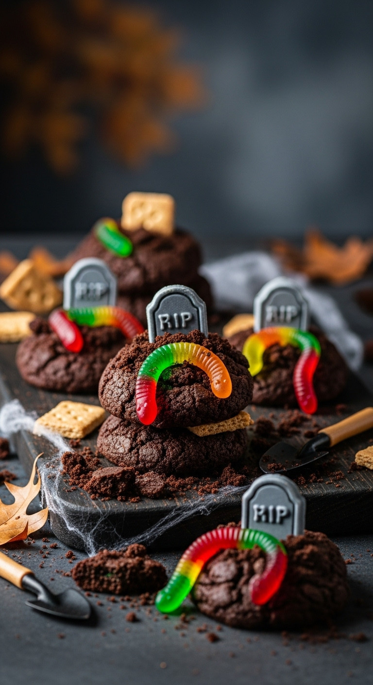 Ghoulish Grave Dirt Chocolate Cookies With Colorful Gummy Worms &Amp; Tombstones On Rustic Board. Spooky Halloween Dessert.
