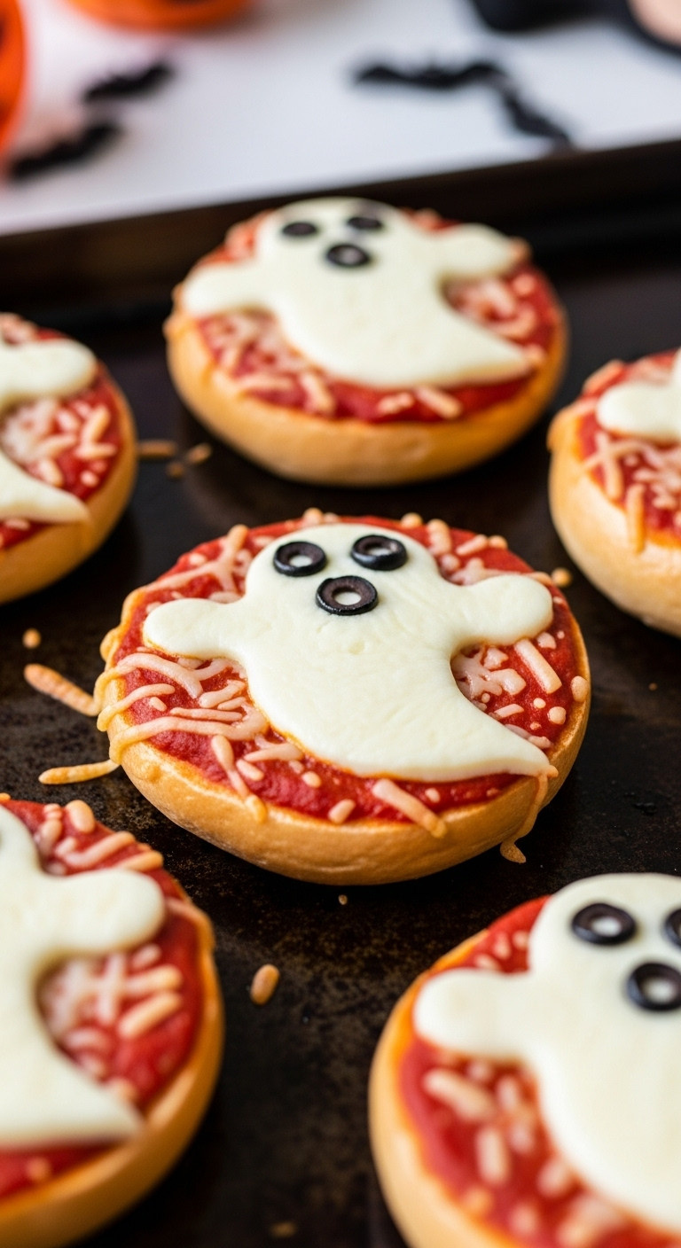Ghoulishly Good Ghost Pizza Bagels With Melted Mozzarella And Olive Eyes On A Baking Sheet