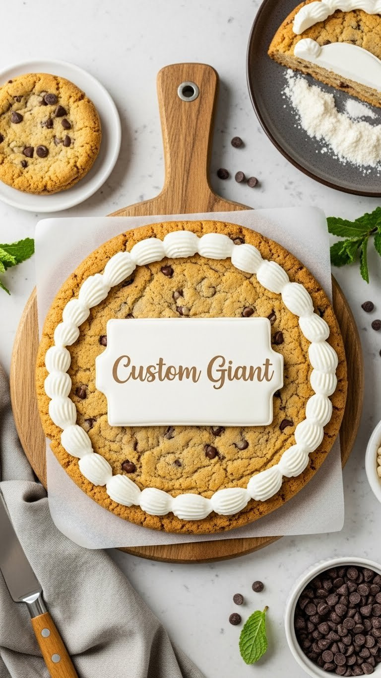 Giant Golden-Brown Chocolate Chip Cookie With White Frosting Border On Rustic Wooden Cutting Board With Baking Ingredients