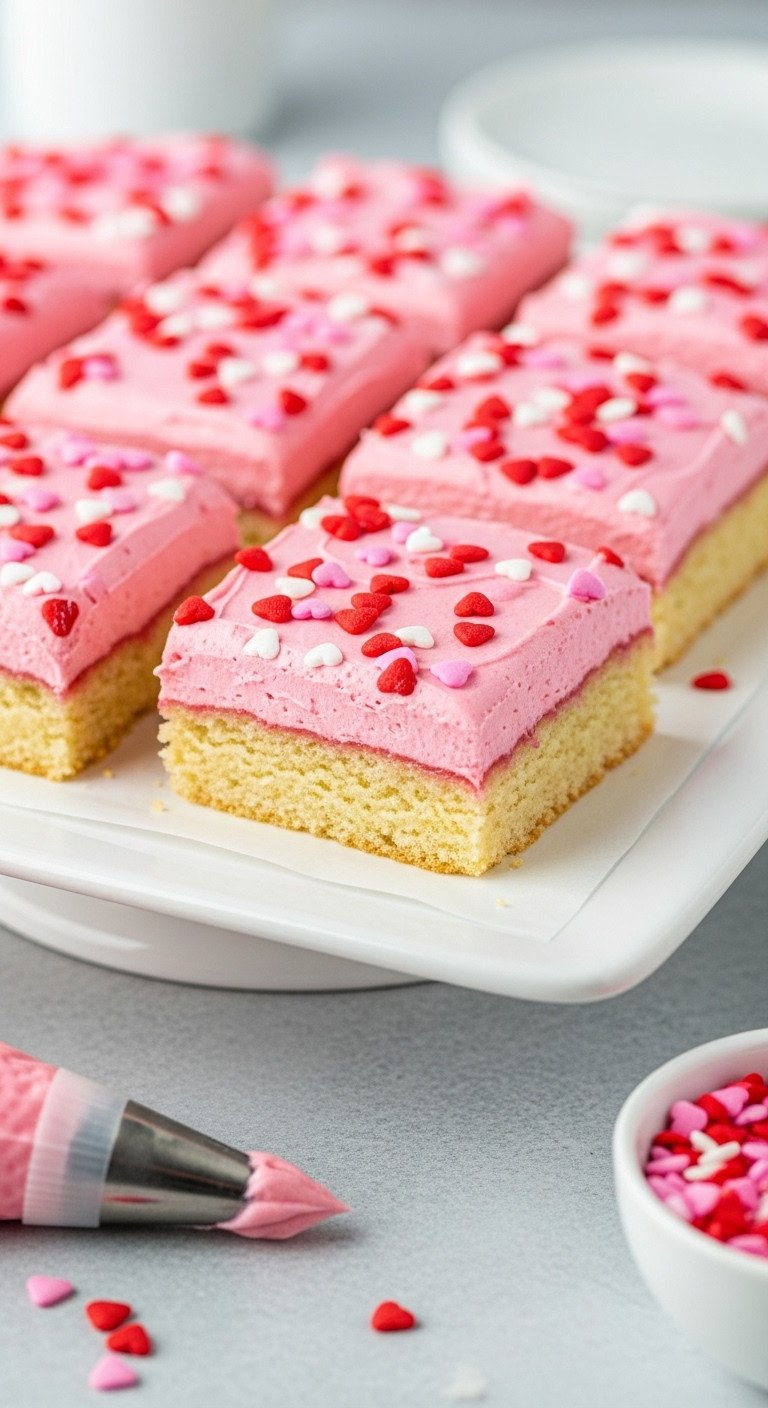 Giant Heart Sugar Cookie Bar With Pink Cream Cheese Frosting And Red Heart Sprinkles On A White Platter. Fun Valentines Dessert.