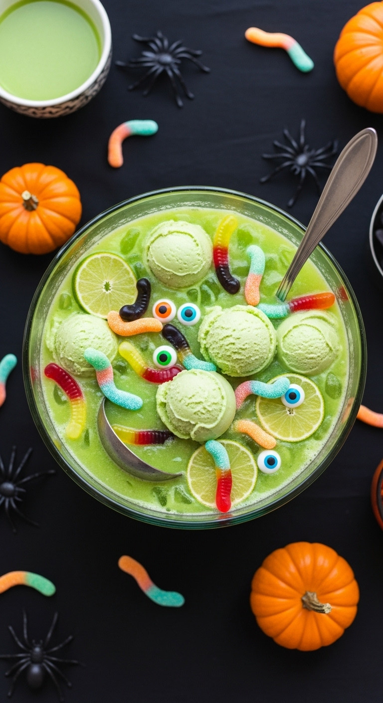 Giggling Goblin Punch Halloween Party Drink Flat Lay With Gummy Worms Candy Eyeballs Lime Sherbet In A Vibrant Green Punch Bowl
