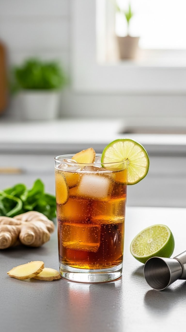 Ginger Coke Twist Mocktail Showing Amber Cola, Fresh Ginger Slices, And Lime Wedge In Sleek Tall Glass