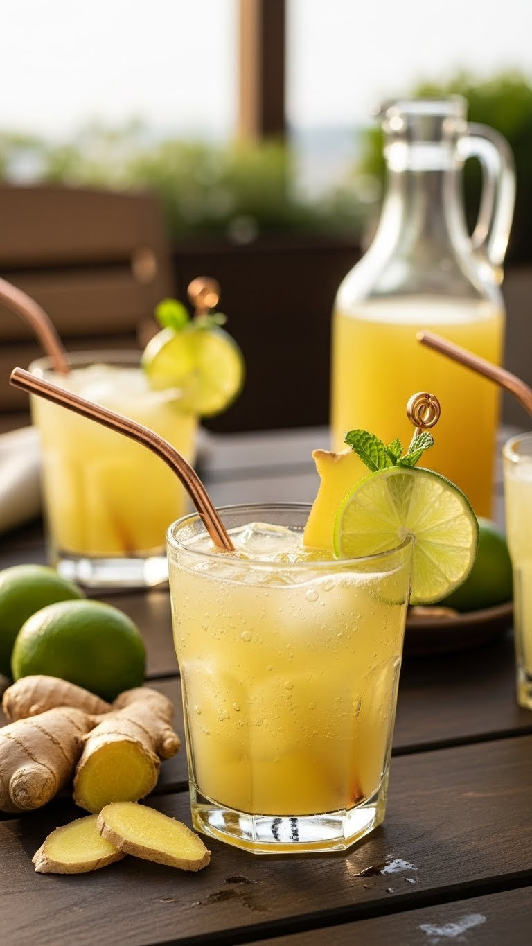 Ginger-Lime Refresher Mocktail With Lime Wheel And Ginger Slice In Rustic Glass On Wooden Table During Golden Hour