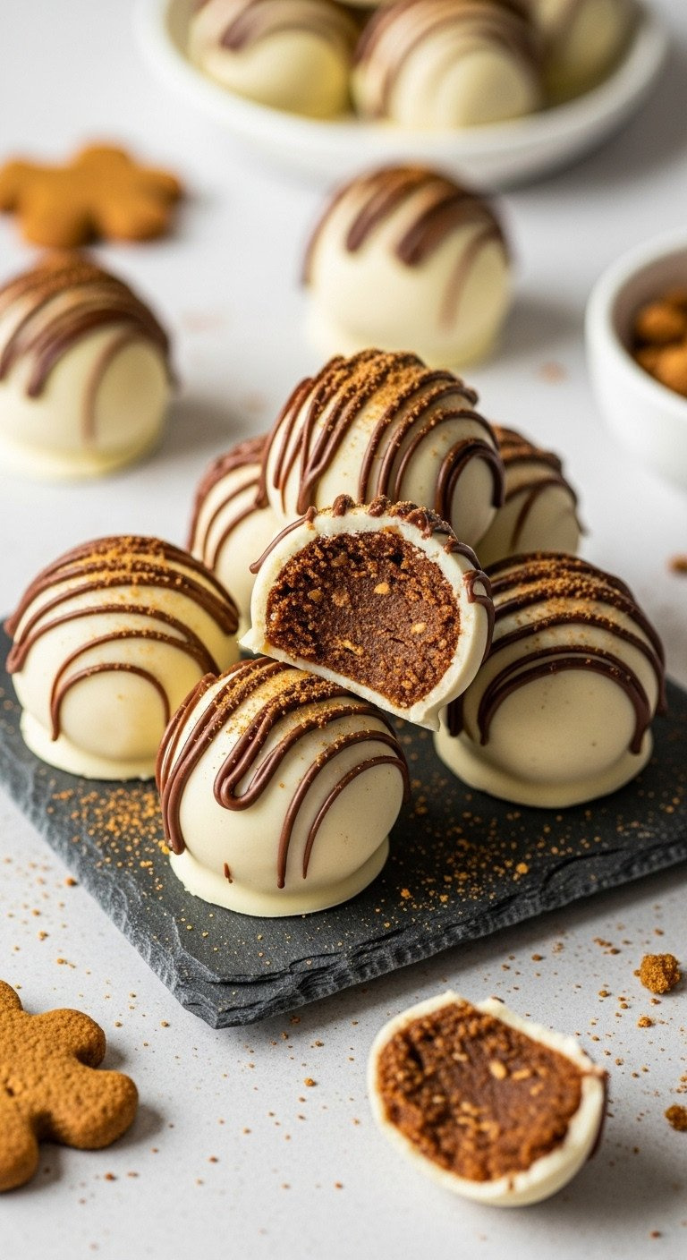 Gingerbread Cookie Butter Truffles: White Chocolate Coated, Milk Chocolate Drizzle, Ginger Dust, On Slate Platter. Delicious.