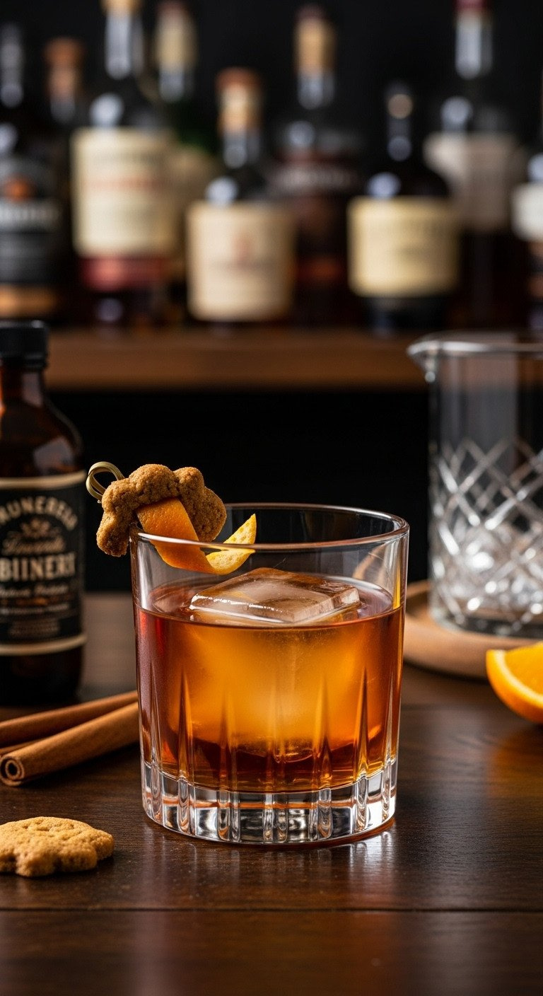 Gingerbread Old Fashioned Cocktail With Ice, Orange Peel, And Cookie On A Dark Wooden Bar, With Blurred Whiskey Bottles.