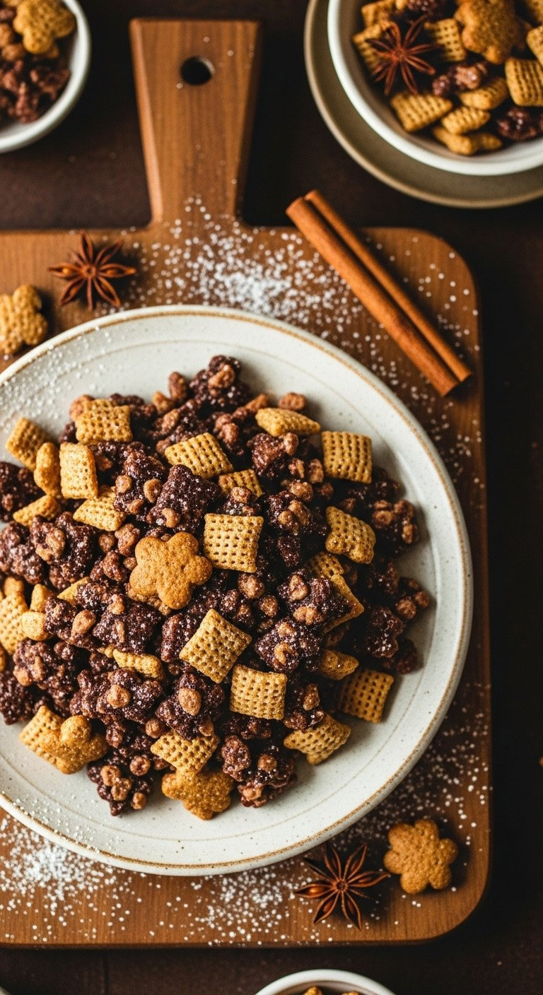Gingerbread Spiced Golden Grahams Chex Mix With Molasses &Amp; Cinnamon Glaze On A Vintage Plate, Star Anise, And Cinnamon Stick.