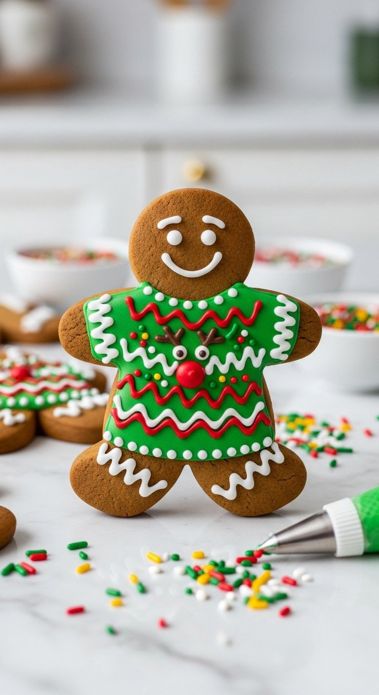 Gingerbread 'Ugly Christmas Sweater' Cookie With Green Icing, Colorful Sprinkles, Reindeer Face. Festive Holiday Treat.
