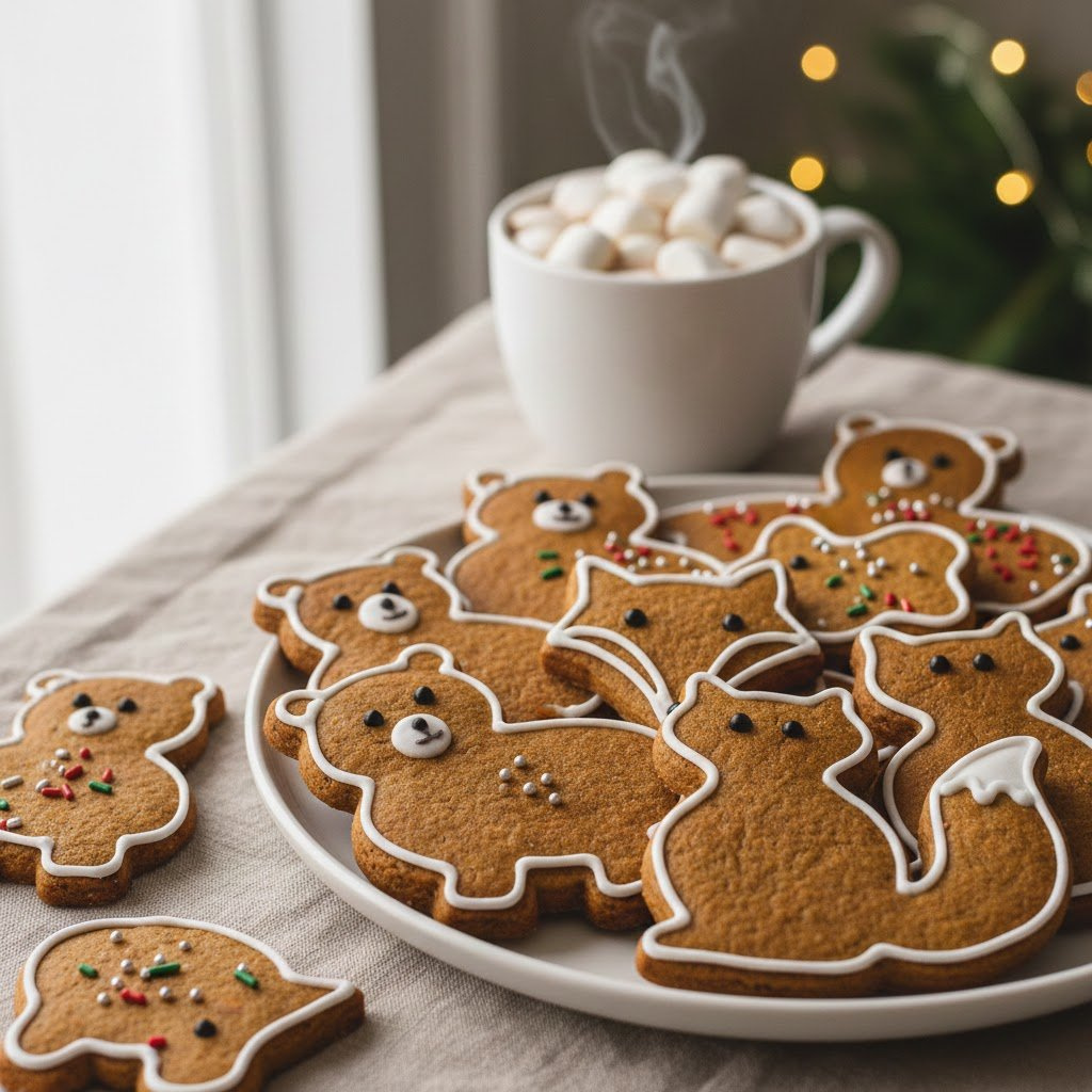 Gingerbread Animal Cookies With Royal Icing Decoration Arranged On White Ceramic Plate With Hot Cocoa.