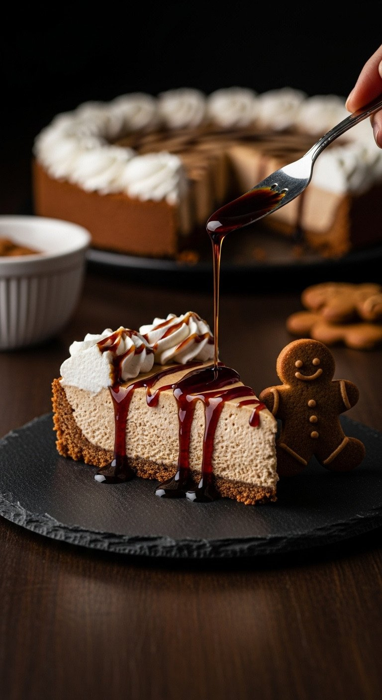 Gingerbread Cream Pie Slice: Gingersnap Crust, Spiced Filling, Whipped Cream, Molasses Drizzle. Cozy Treat.