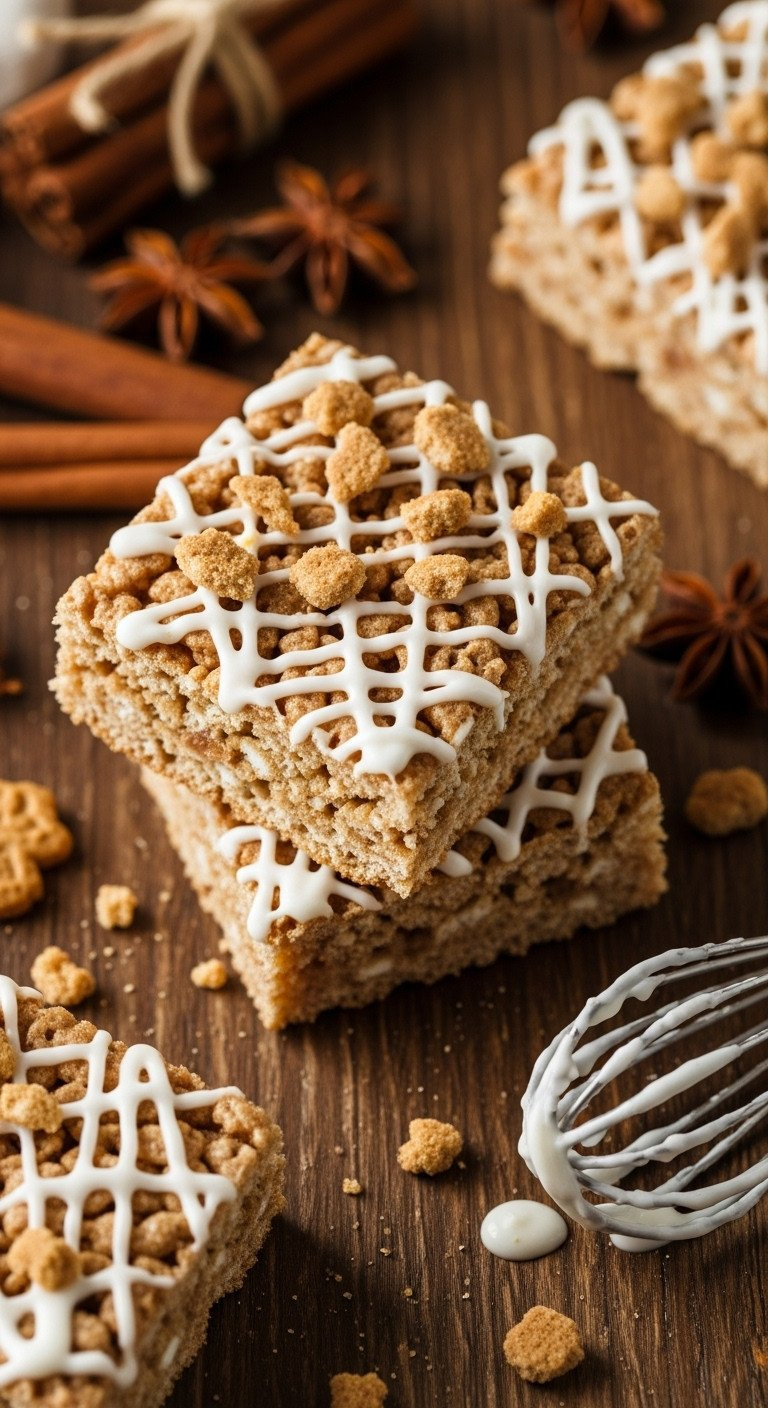 Gingerbread Spiced Rice Krispie Squares With White Icing Drizzle And Cookie Crumbs On A Rustic Wooden Table.