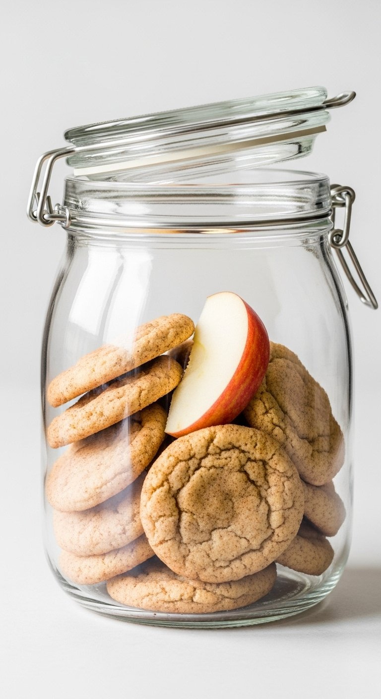 Glass Airtight Cookie Jar Filled With Snickerdoodle Cookies And A Slice Of Fresh Apple.