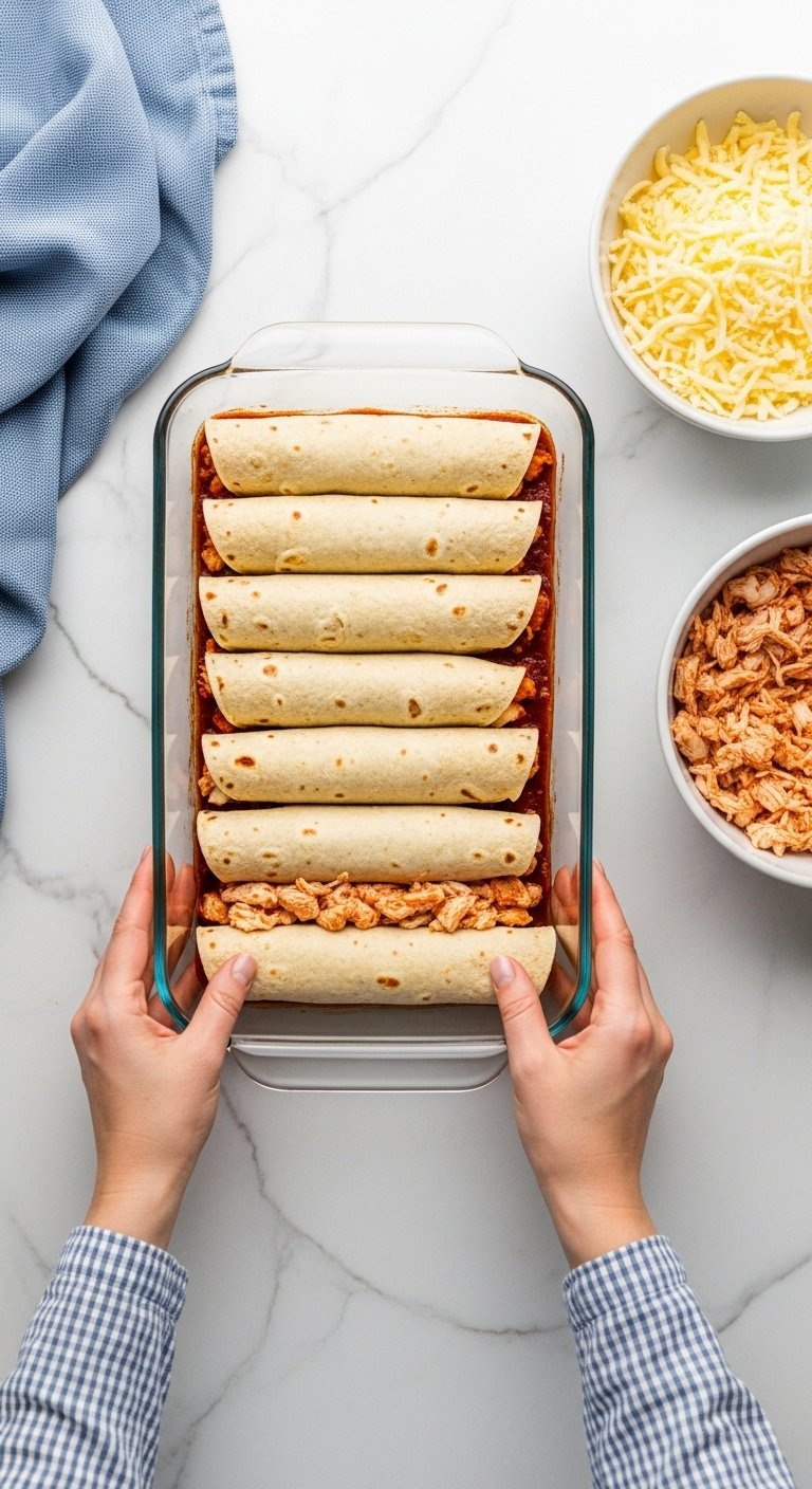 Glass Baking Dish Features Rolled Enchiladas Being Assembled On A White Marble Countertop.