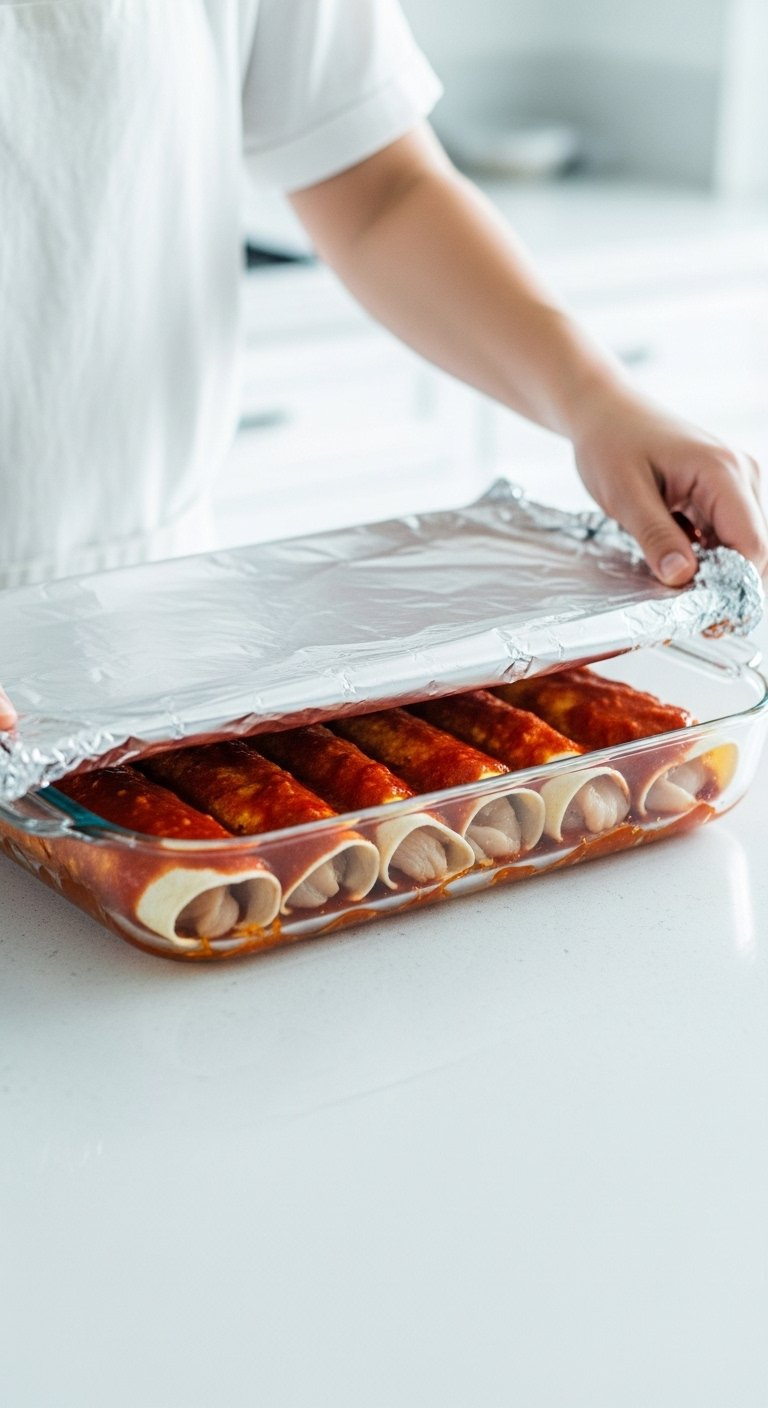 Glass Baking Dish Filled With Unbaked Chicken Enchiladas Covered Tightly With Aluminum Foil.