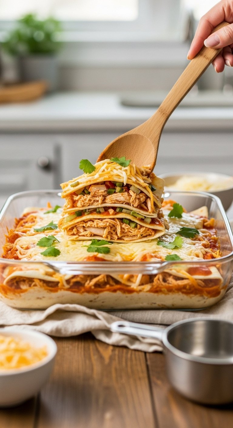 Glass Baking Dish Holding Layers Of Chicken Enchilada Casserole With Melted Cheese And Fresh Cilantro.