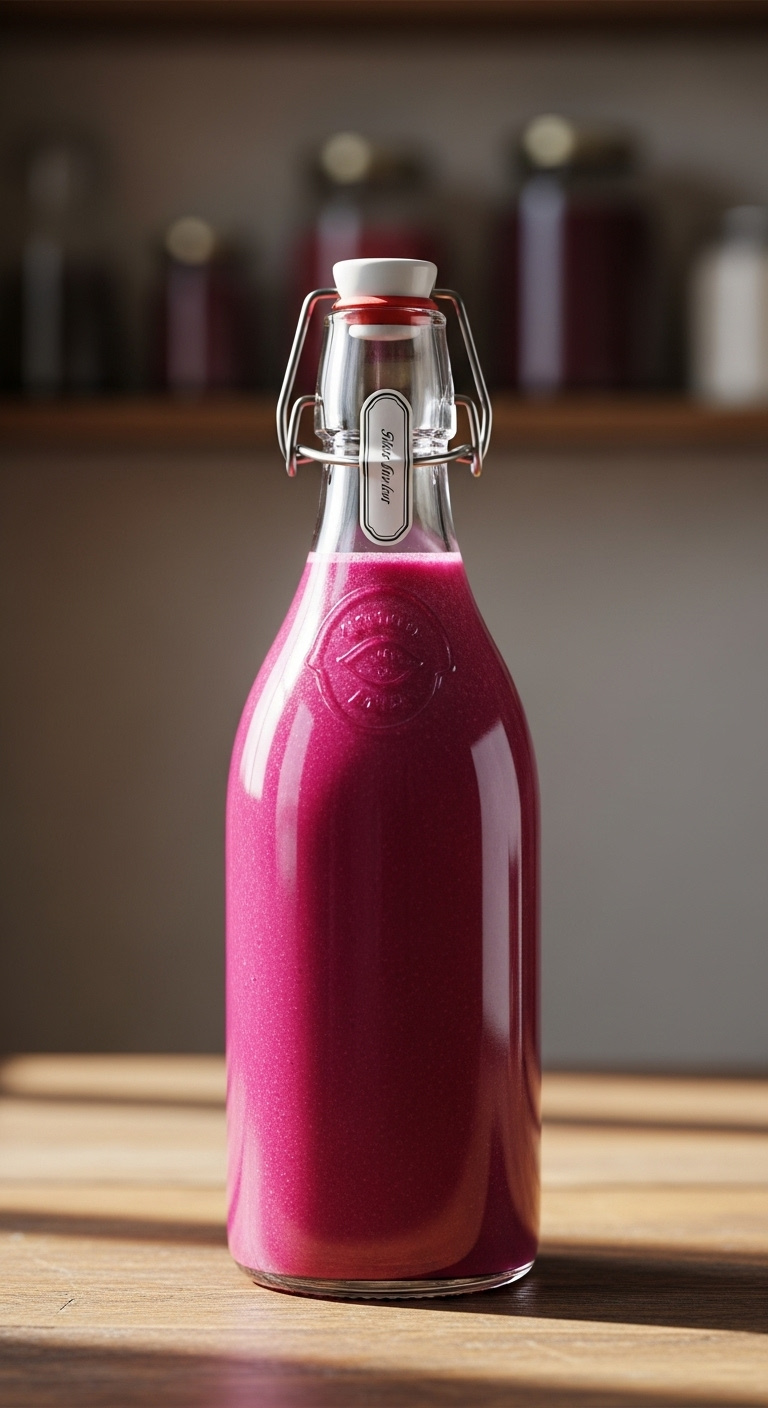 Glass Bottle Filled With Rich Magenta Strawberry Acai Base Concentrate On A Rustic Wood Table In A Kitchen Setting