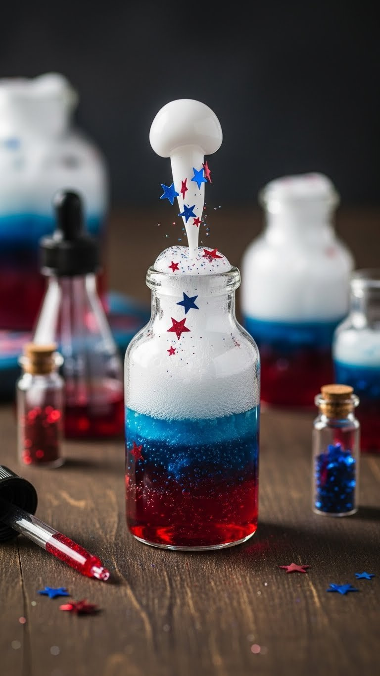 Glass Bottles With Red Blue Tinted Liquids And White Foamy Fizzing Layers Creating Patriotic Potion Lab Experiment
