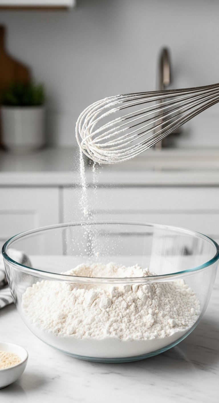 Glass Bowl Containing A Uniform Blend Of Flour Baking Soda And Salt With A Wire Whisk On A Marble Counter.