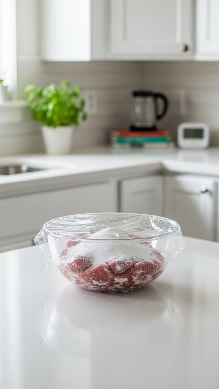 Glass Bowl Covered With Plastic Wrap Containing Baking Soda-Coated Meat Resting On Kitchen Counter For Marinating