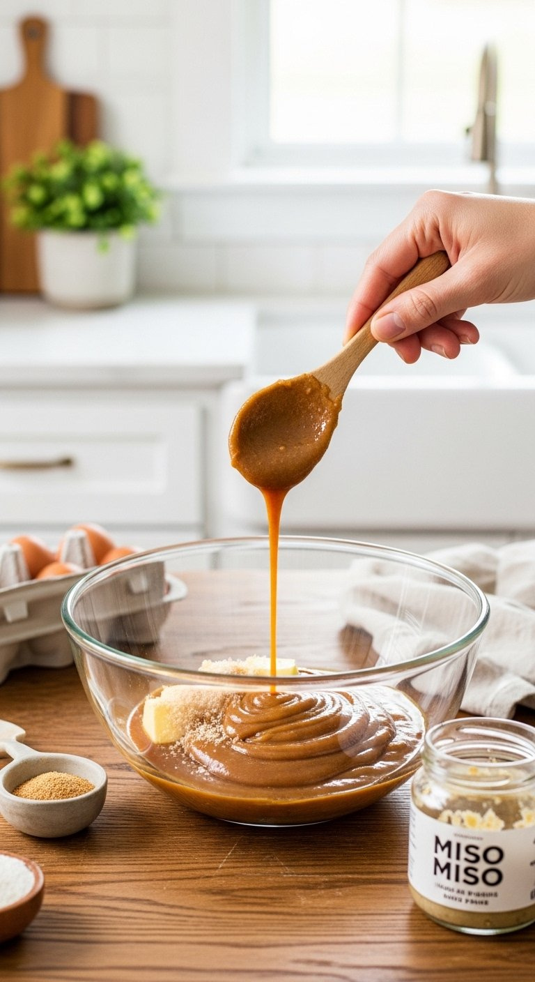 Glass Bowl Filled With A Glossy Caramel Mixture Of Browned Butter And Miso Paste On A Rustic Wooden Table With Eggs Nearby.
