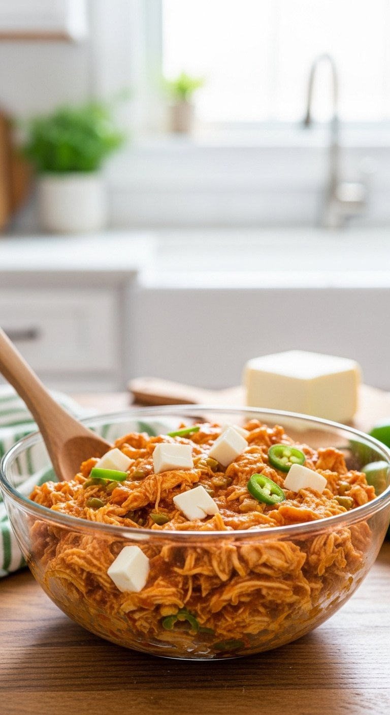 Glass Bowl Filled With Creamy Chicken Enchilada Mixture On A Rustic Wooden Table.