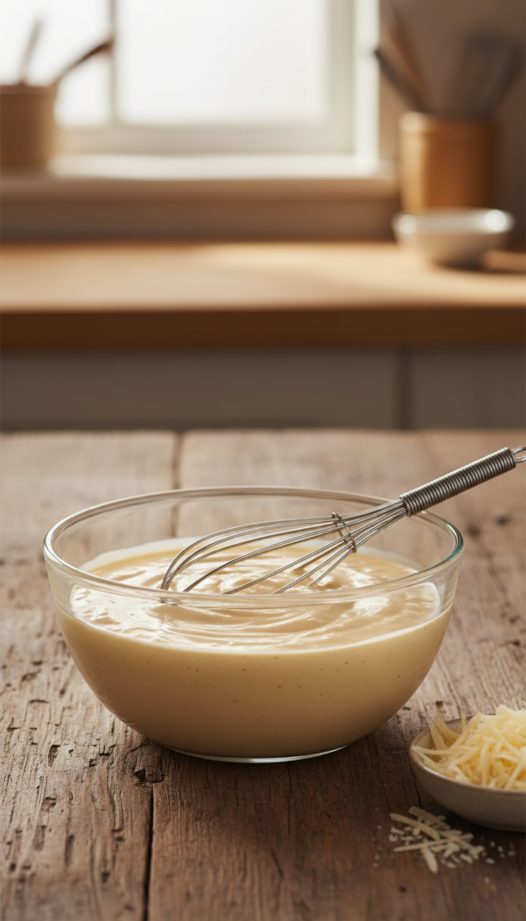 Glass Bowl Filled With Creamy Parmesan Sauce Mixed With Shredded Cheese On A Rustic Wooden Table.