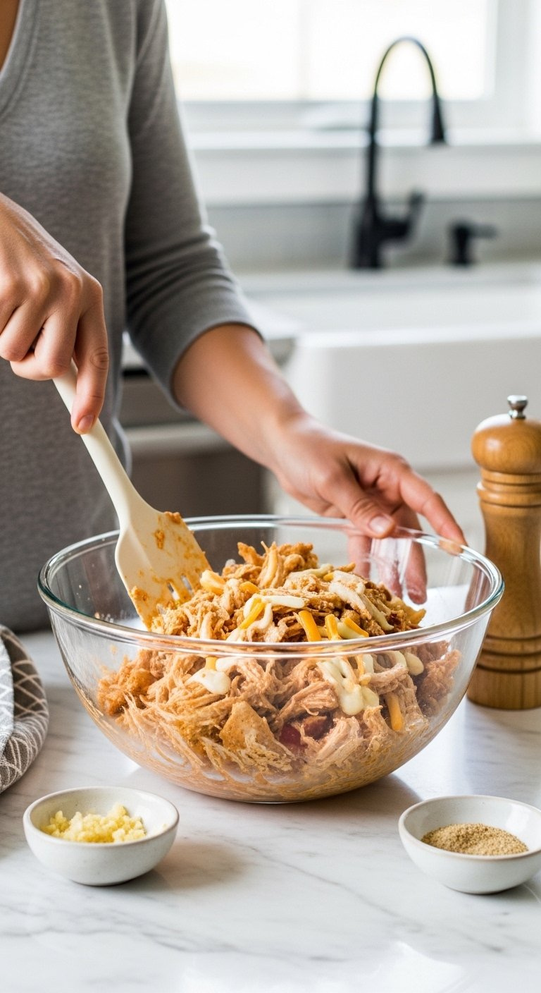 Glass Bowl Filled With Creamy Shredded Chicken And Cheese Mixture Being Stirred With A Spatula On A Marble Countertop.