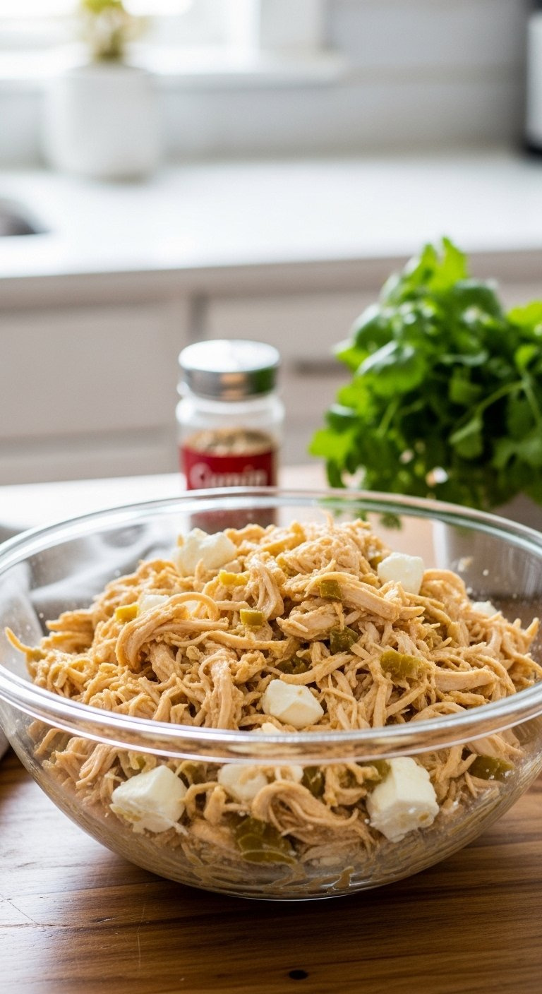 Glass Bowl Filled With Creamy Shredded Chicken Enchilada Mixture With Green Chiles On A Rustic Wooden Table.