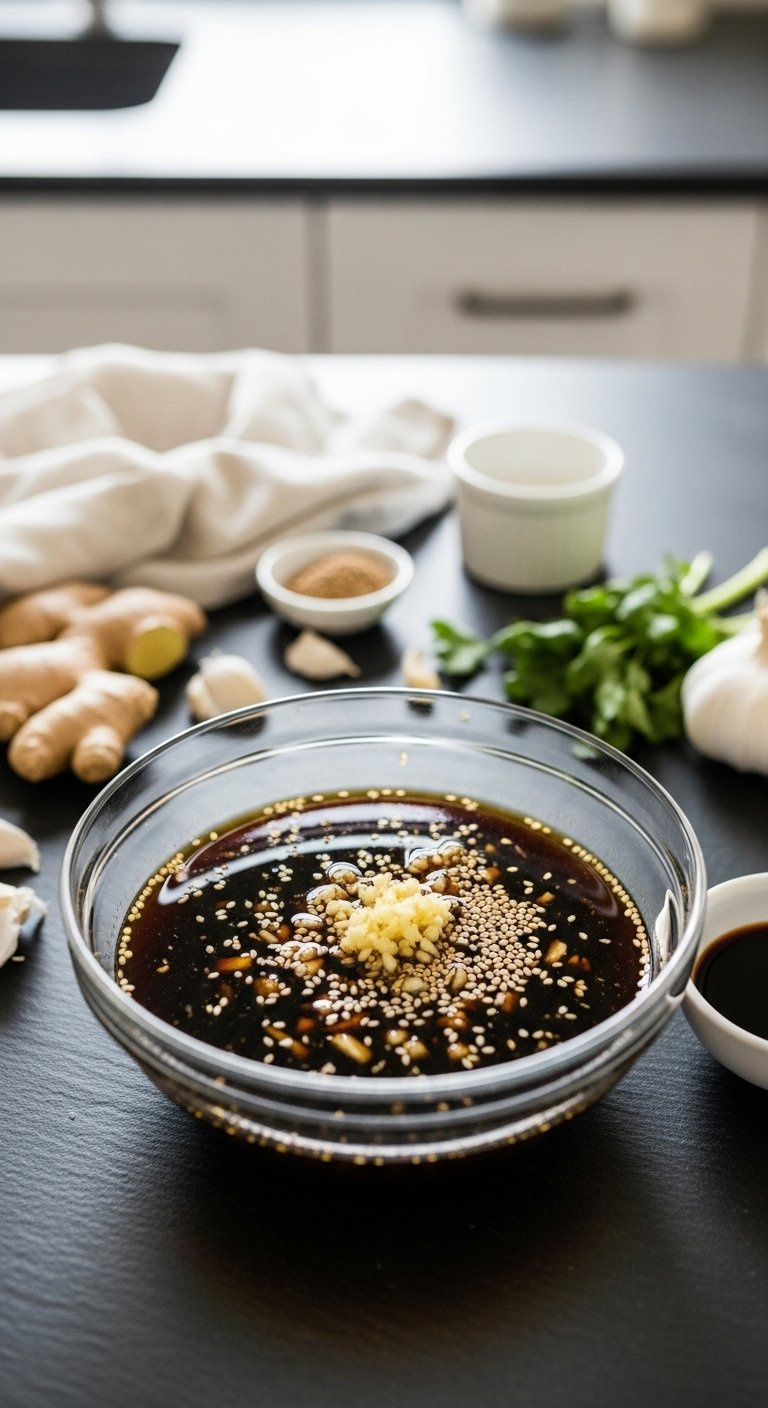 Glass Bowl Filled With Dark Soy Garlic Marinade Featuring Sesame Seeds And Ginger On A Slate Countertop.