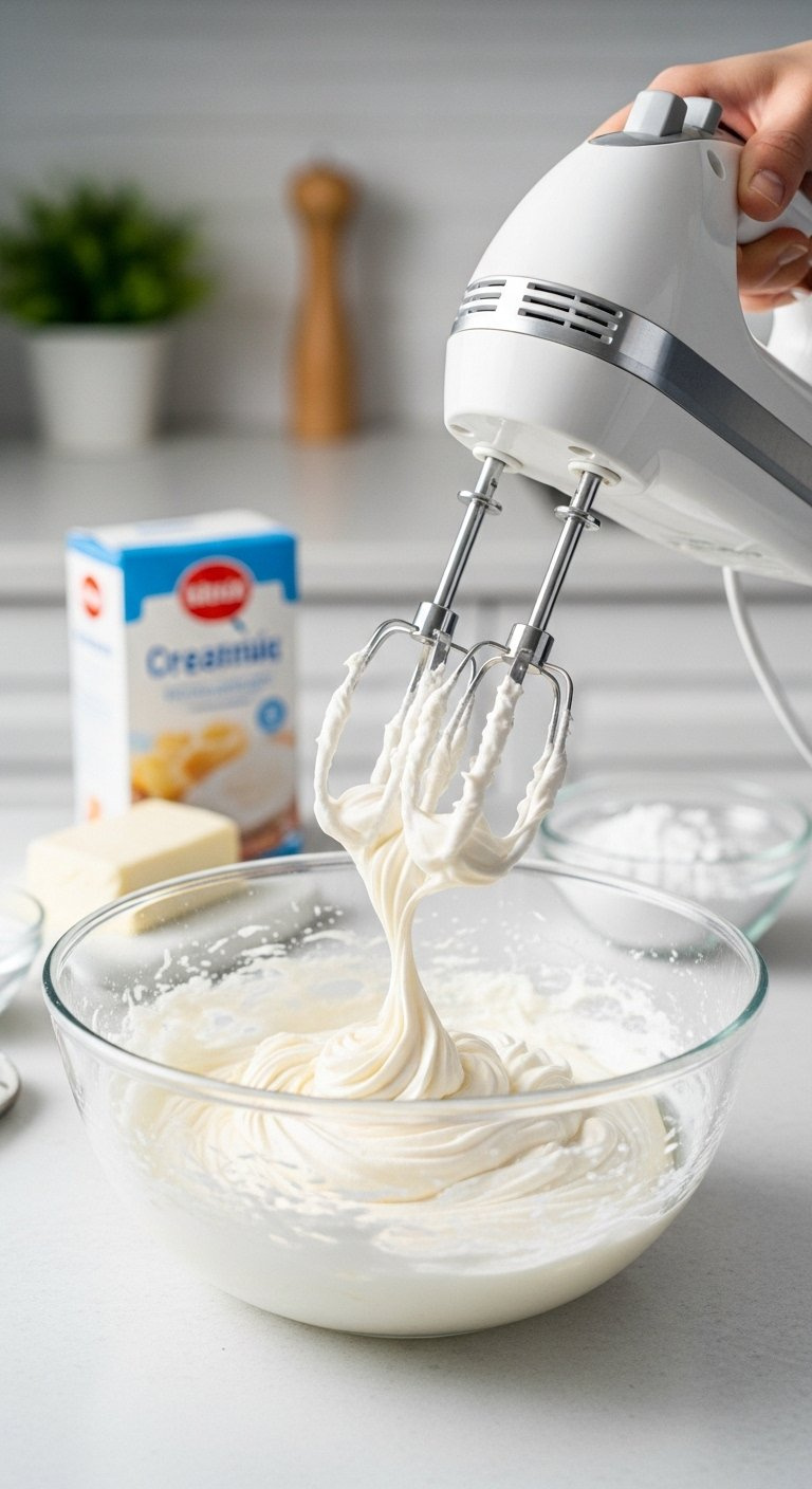 Glass Bowl Filled With Fluffy White Cream Cheese Frosting Being Mixed With An Electric Hand Mixer On A Kitchen Counter.
