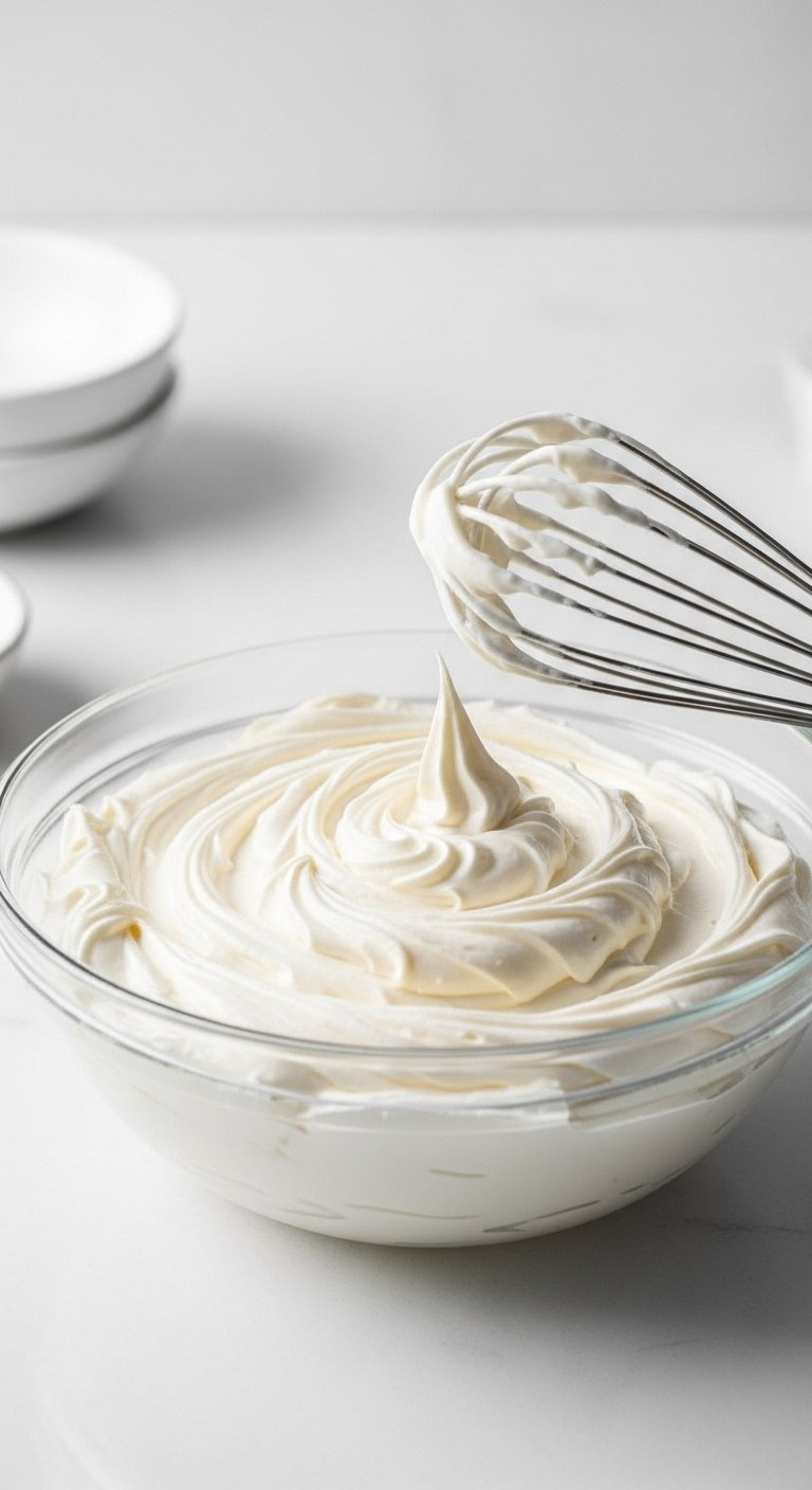 Glass Bowl Filled With Thick Cream Cheese Frosting Swirls And Silver Whisk On White Counter.
