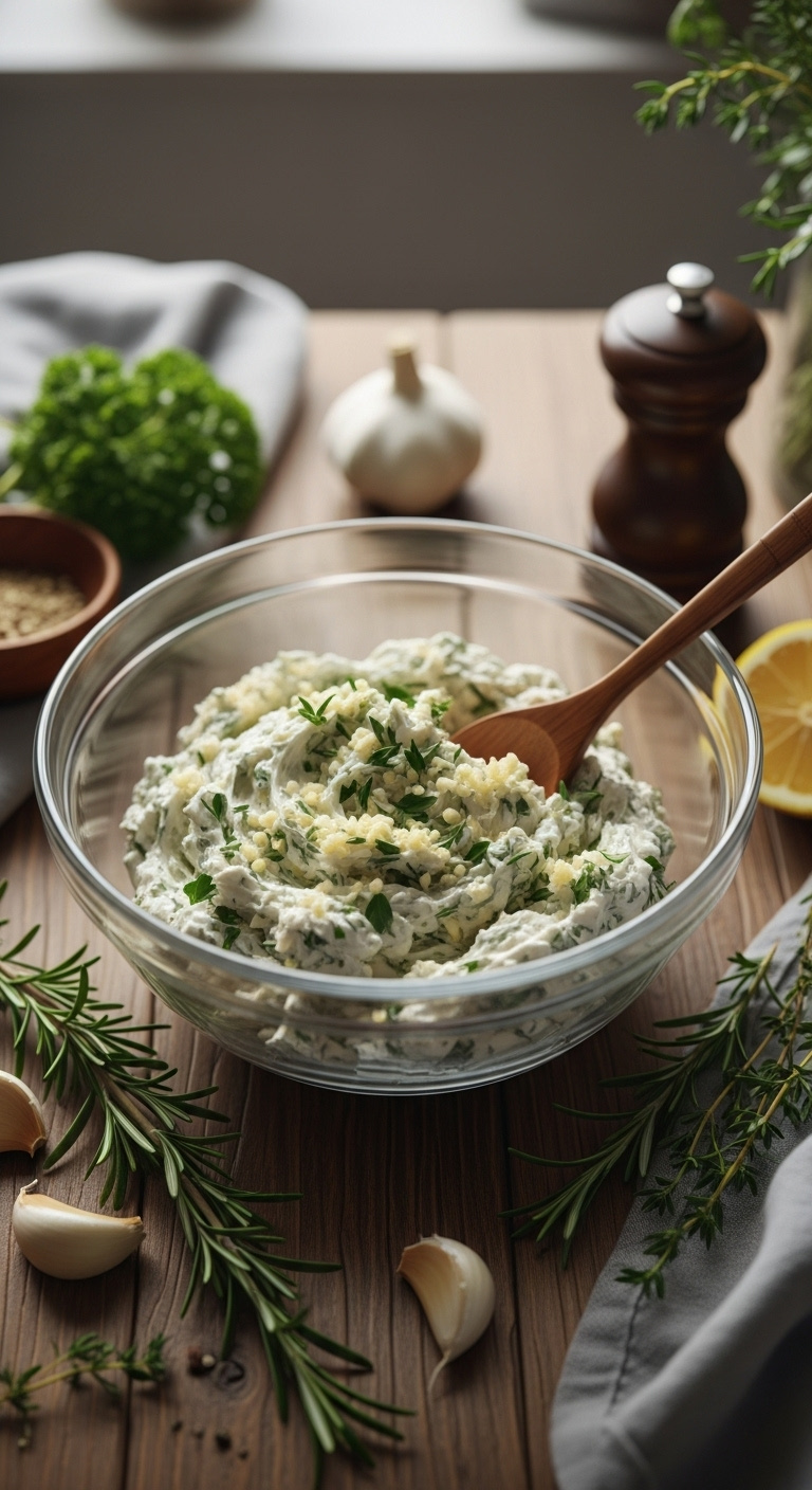 Glass Bowl Of Creamy Softened Garlic Herb Butter Flecked With Minced Garlic Rosemary Thyme And Parsley With A Wooden Spoon