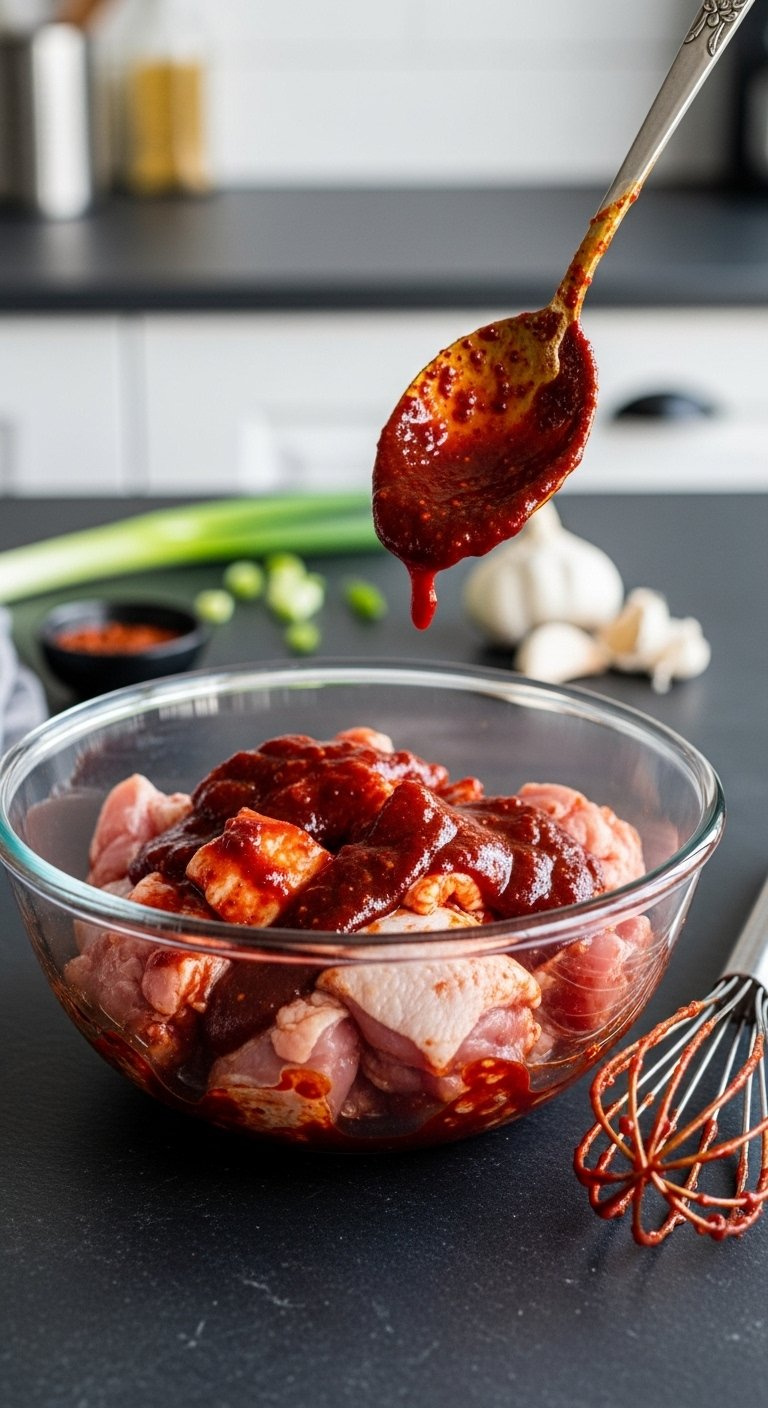 Glass Bowl Of Raw Diced Chicken Thighs Marinating In Vibrant Deep Red Gochujang Sauce On Dark Slate.