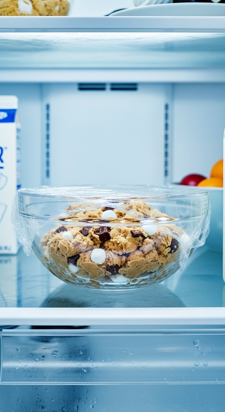 Glass Bowl Of S'mores Cookie Dough Covered In Plastic Wrap Chilling Inside A Modern Refrigerator.