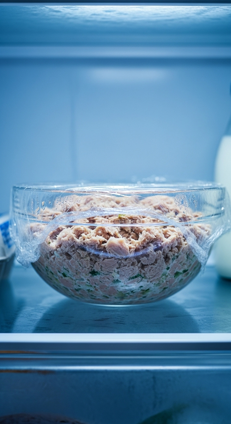 Glass Bowl Of Tuna Salad Covered With Plastic Wrap, Showing Condensation, Sitting On A Refrigerator Shelf Under Cool Blue Light