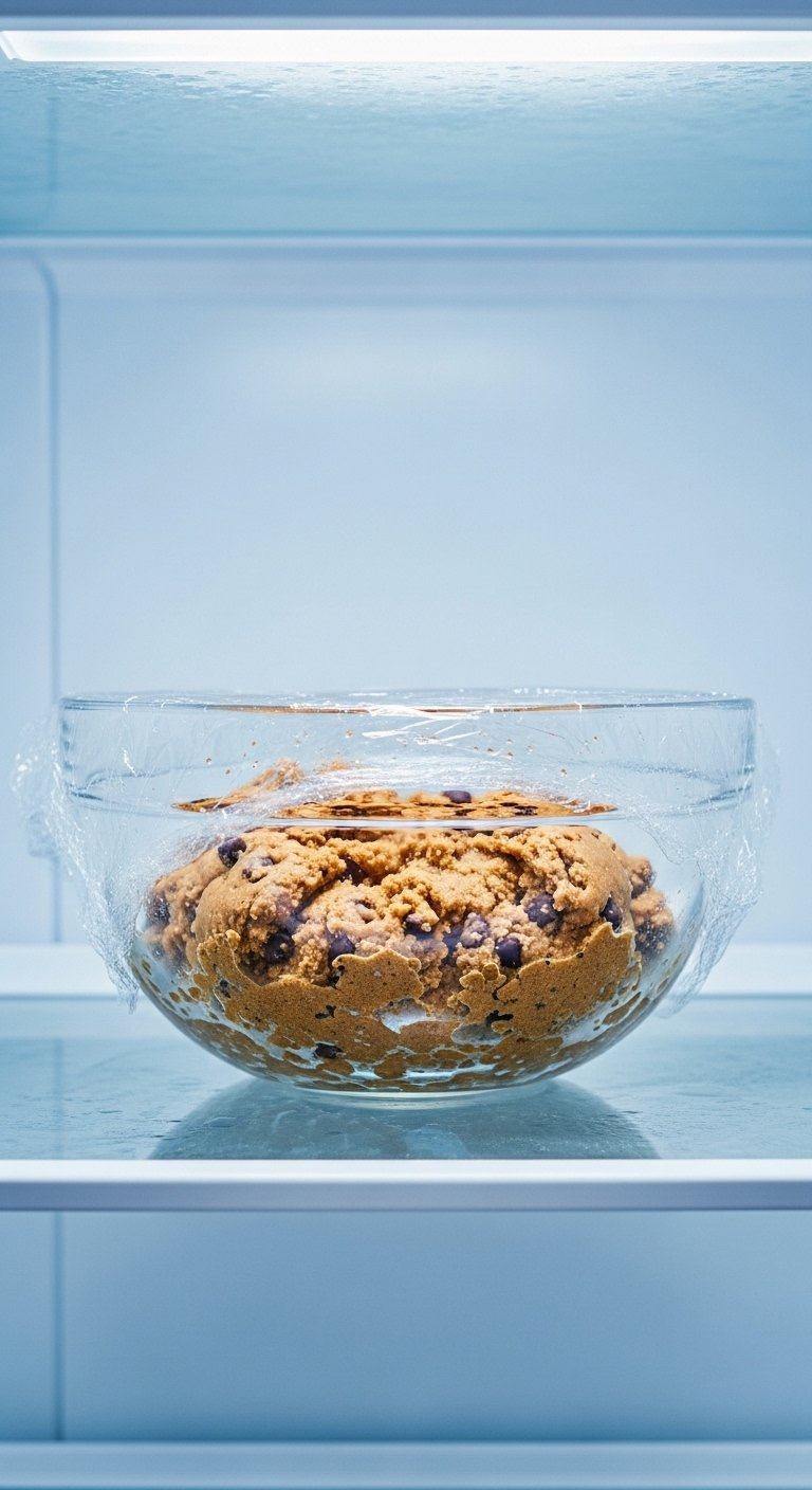 Glass Bowl Of Wrapped Brown Butter Cookie Dough Chilling Inside A Refrigerator.